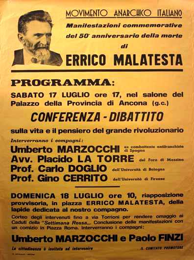 Cartel de un debate sobre Errico Malatesta conla intervención de Gino Cerrito (Ancona, 1982)