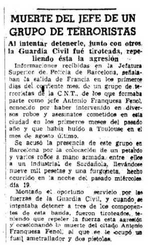Noticia de la muerte de Antoni Franquesa Funoll aparecida en La Vanguardia (25 de abril de 1950)